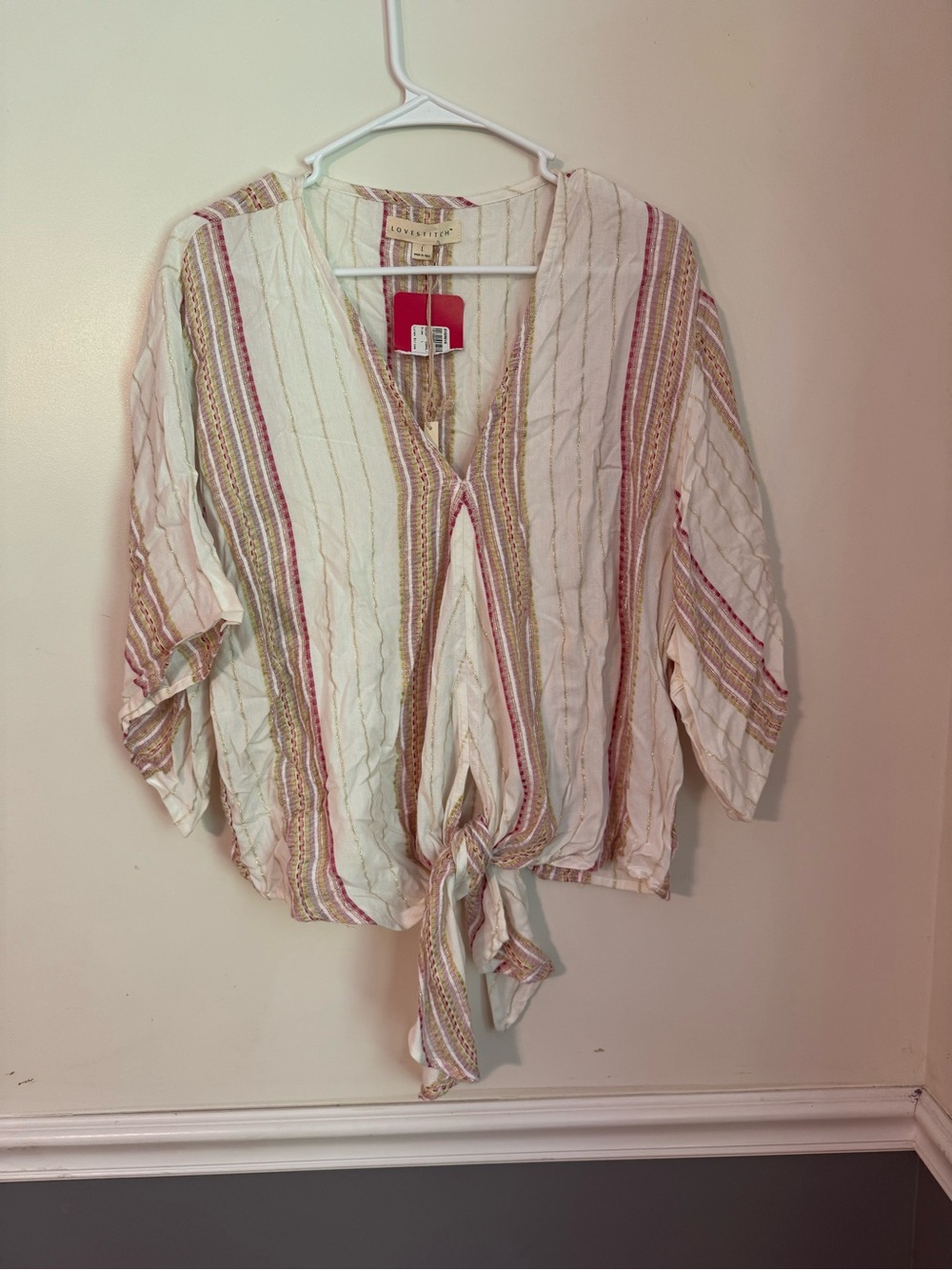 Lovestich Striped Tie-Front V-Neck Shirt  w/Pink & Gold Accents Size Large NWT